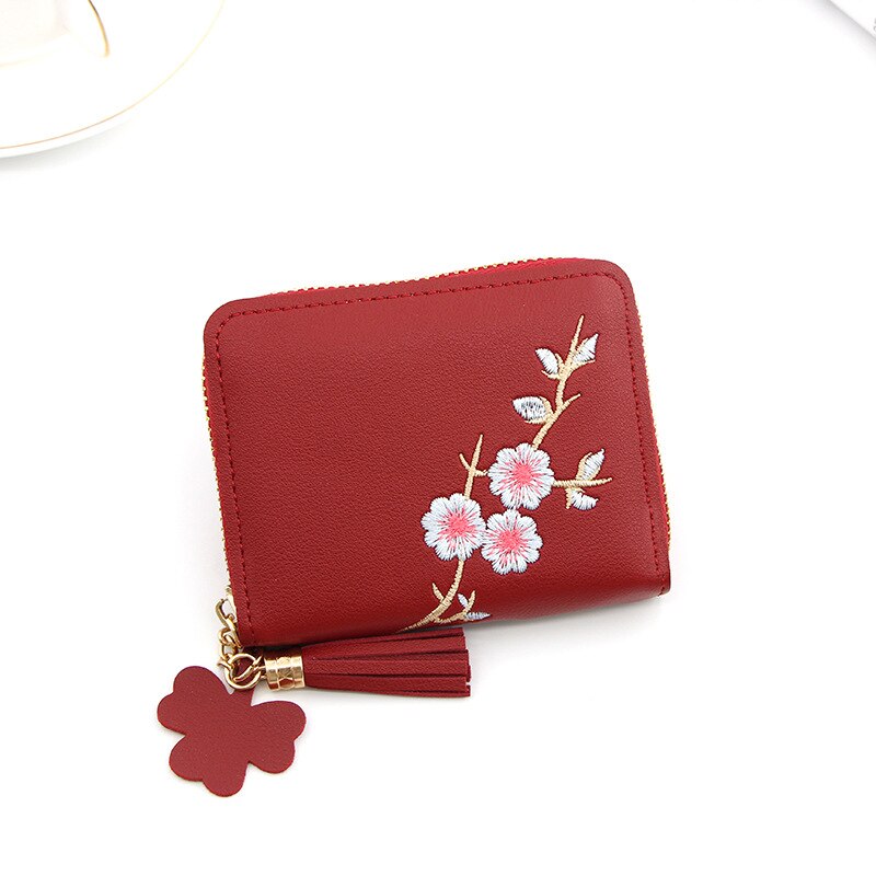 Lovely Ladies Flower Embroidery Tassel Pendant Short Wallet Girls Cute Zipper Purse Change ID Card Coin Pocket Card Holder: 3