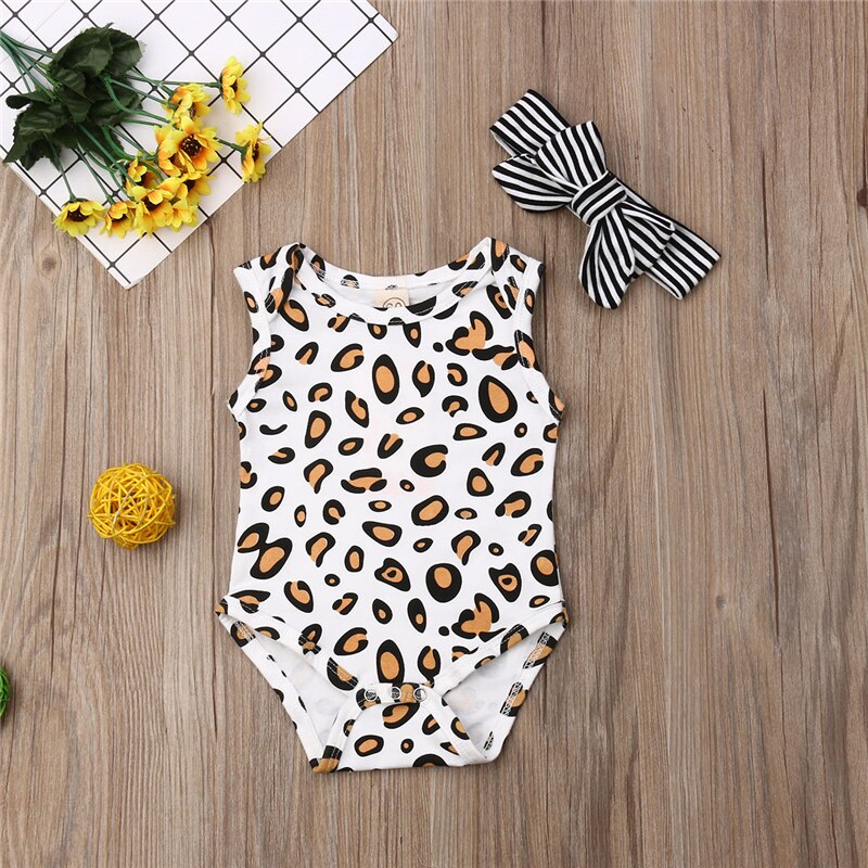 Zomer Baby Jumpsuits 3-12M Peuter Pasgeboren Baby Jongen Meisje Katoenen Romper Jumpsuit Luipaard Outfits Kleding + Hoofdband