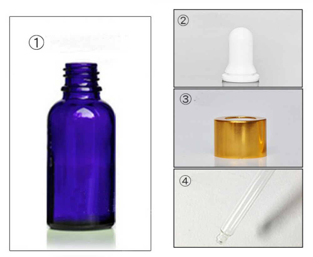 Bouteille d'huile raffinée en verre rond bleu de 5ml à 50ml, 10 pièces/lot, avec compte-gouttes, cercle doré pour expérience scolaire