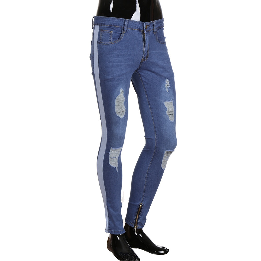 Crayon Longue Pantalon Hommes de Jeans Déchirés Stretch Pantalon En Denim En Détresse Déchiré Freyed Cintrée Fermeture Éclair Jeans Pantalon