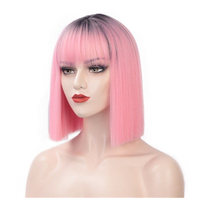 Perruque de Cosplay synthétique lisse et courte avec frange pour femmes noires, 12 pouces, rose, blond mélangé: Ombre Pink