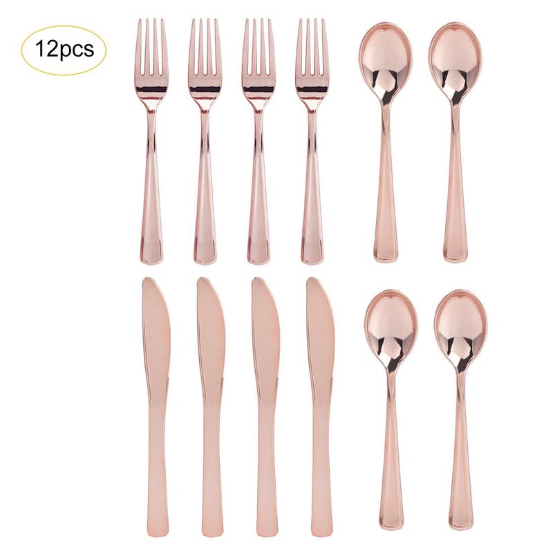 12 stks/set Wegwerp Gewikkeld 3 in 1 Vork/Lepel/Mes Wegwerp Bestek Kit Perfect voor Lunch Maaltijd Prep catering en Restaurants: Rose Gold