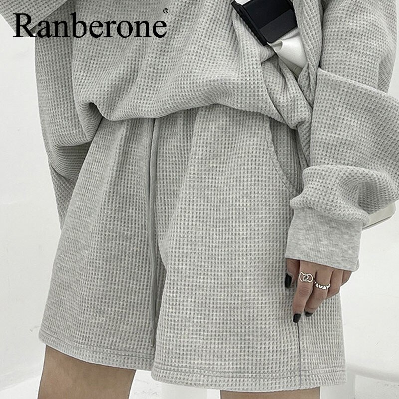 Ranberone Women Tracksuits Hip Hop Casual Two Piece Sport Suits Pullover Sweater Loose Shorts Women Streetwear Outfits Solid Set