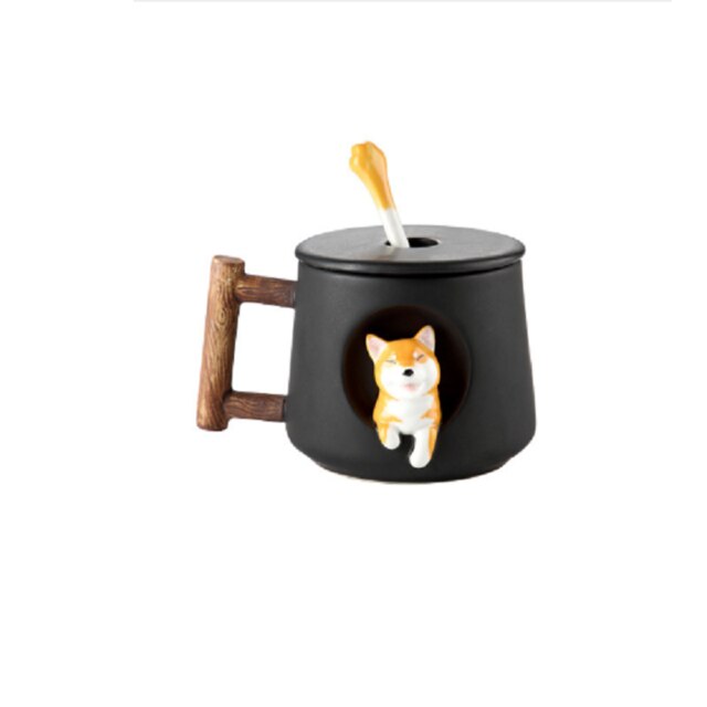 Cartoon Ceramic Mug Cute 3D Shiba Inu Dog Spoon Milk Tea Coffee Cup: black