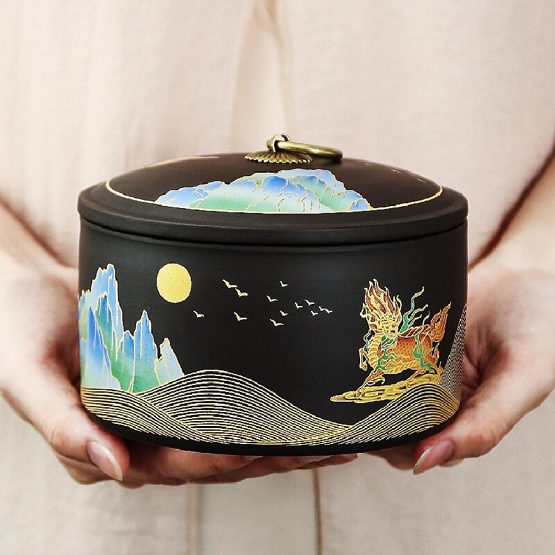 Hand Geschilderde Landschap Schilderen Paarse Klei Thee Caddy Opslagtank Reizen Theezakje Verzegeld Thee Pot Koffie Organizer Bus