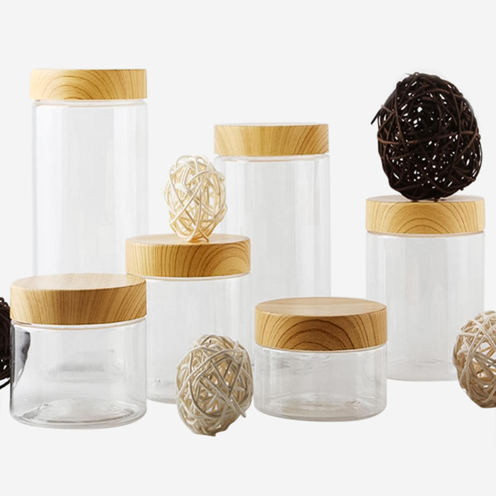Transparent Vacuum Plastic Lid Container Wood Lid Airtight Canister Kitchen Storage Bottles Cereal Condiment Storage Container