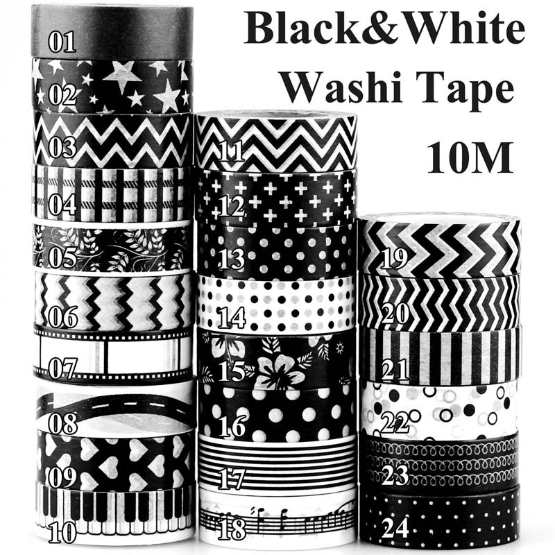 Mustavalkoiset pisteet tähdet risti nuotti elokuva negatiivi japanilainen washi teippi setti scrapbookingiin koristeellinen maalarinteippi 10m