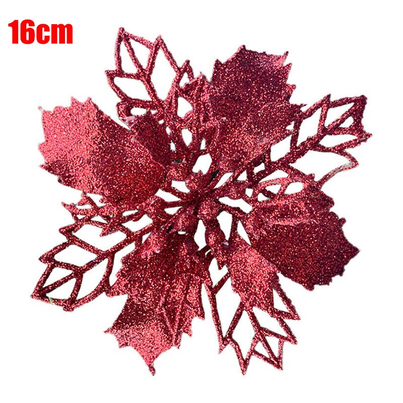 10 Pcs Christmas Poinsettia Glitter Flower Hollow Tree Hanging Decoration for Home Party DC120: Red-16cm