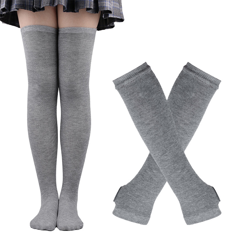1 Set Women Gothic Punk Over Knee Long Stripe Socks Arm Sleeve Gloves for Girl Thigh High Cotton Socks Sweet Cute Christmas: Light Grey