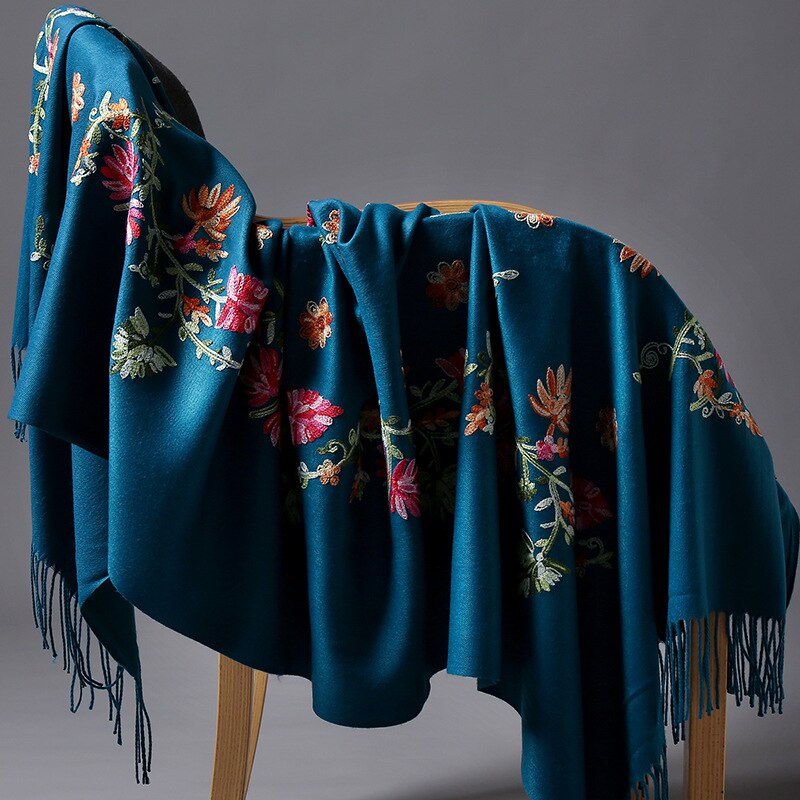 Borduren Bloemen Sjaal Vrouwen Kasjmier Katoen Viscose Sjaals Soild Plain Borduur Sjaals Moslim Kwasten Hijaabs GP02: drak green