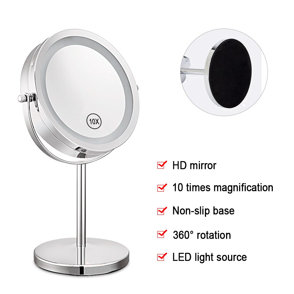 5 x 10x forstørrelsesglas 7 tommer makeup spejl med led lys 360 graders rotation dobbeltsidet metal skrivebord kosmetik spejl: 10 x forstørrelse