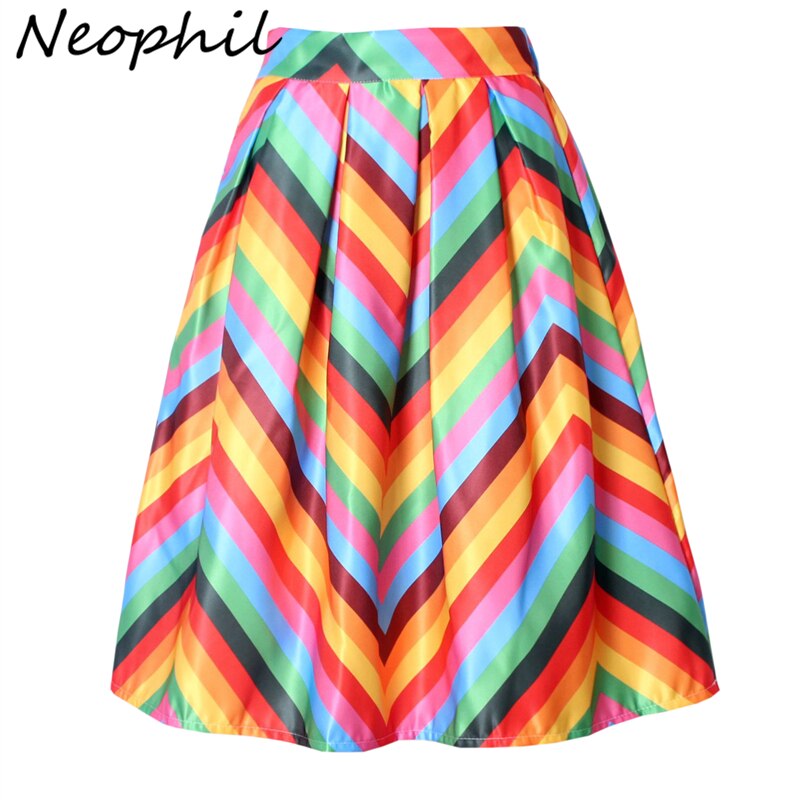 Neophil – Jupe trapèze plissée en Satin arc-en-ciel à rayures et franges imprimées, taille haute, volants évasés, S07048, collection été 2022