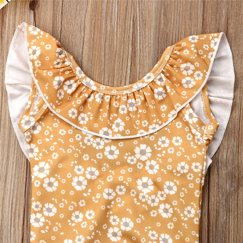 Summer Tankinis toddler kids Yellow little flowers Cute costume one piece bathing beachwear Ruffles 1-6T baby girl Swimsuit