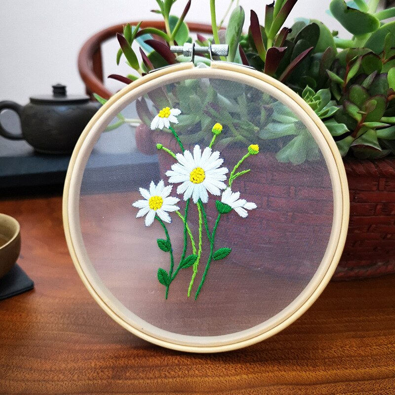 Diy broderi blomst / blad håndarbejde håndarbejde til begyndere korssting kit bånd maleri broderiramme hjem dekoration: Daisy