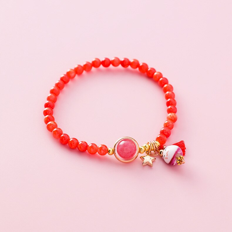Doreen-pulsera de cuerda de gato de cerámica Kawaii para mujer, brazalete sencillo tejido a mano, cuentas de borla, joyería de de estilo japonés: Beaded-Red