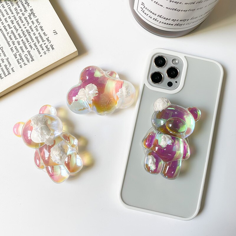 Luxury 3D Cute Bear Epoxy Real Flower Phone Holder Stand For iPhone Samsung Cellphone Bracket Telephone Support Phone Girp