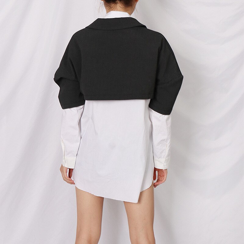 SuperAen de otoño , Chaqueta de algodón a rayas blancas y negras de retazos de colores contrastantes, blusa de mujer