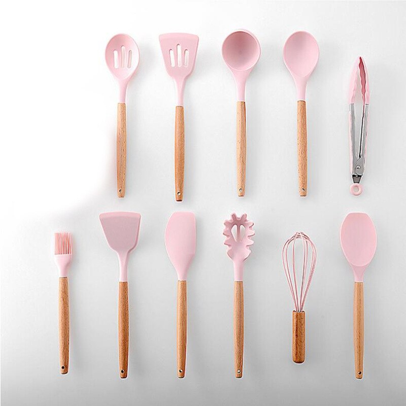 Ensemble d'ustensiles de cuisine en Silicone 11 pièces, poignée en bois massif rose avec boîte de rangement, accessoires d'outils de cuisine Kit de cuisine