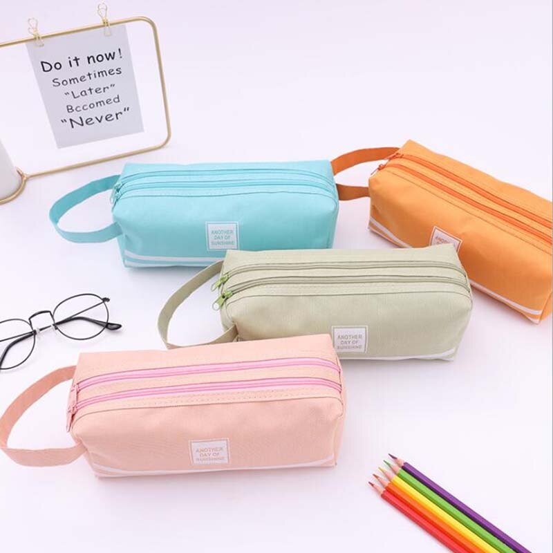 1Pcs Square Pencil Box Pencil Case Large Capacity Double Layer Students Solid Fabric Pen Bag