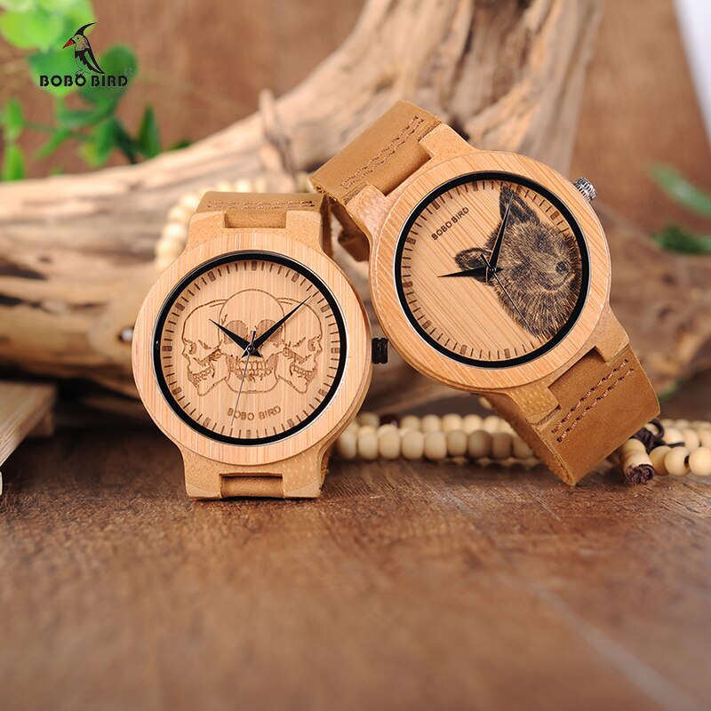 Bobo Vogel Bamboe Horloge Mannen Speciale Levensechte Uv Print Dial Gezicht Houten Polshorloge Relogio Masculino Uurwerken