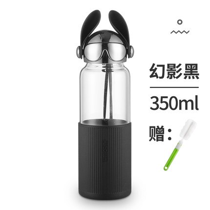 Botellas de agua de vidrio portátiles creativas de dibujos animados con tapa brillante para perro, bonita botella de agua con personalidad para chica estudiante: Blck bottle