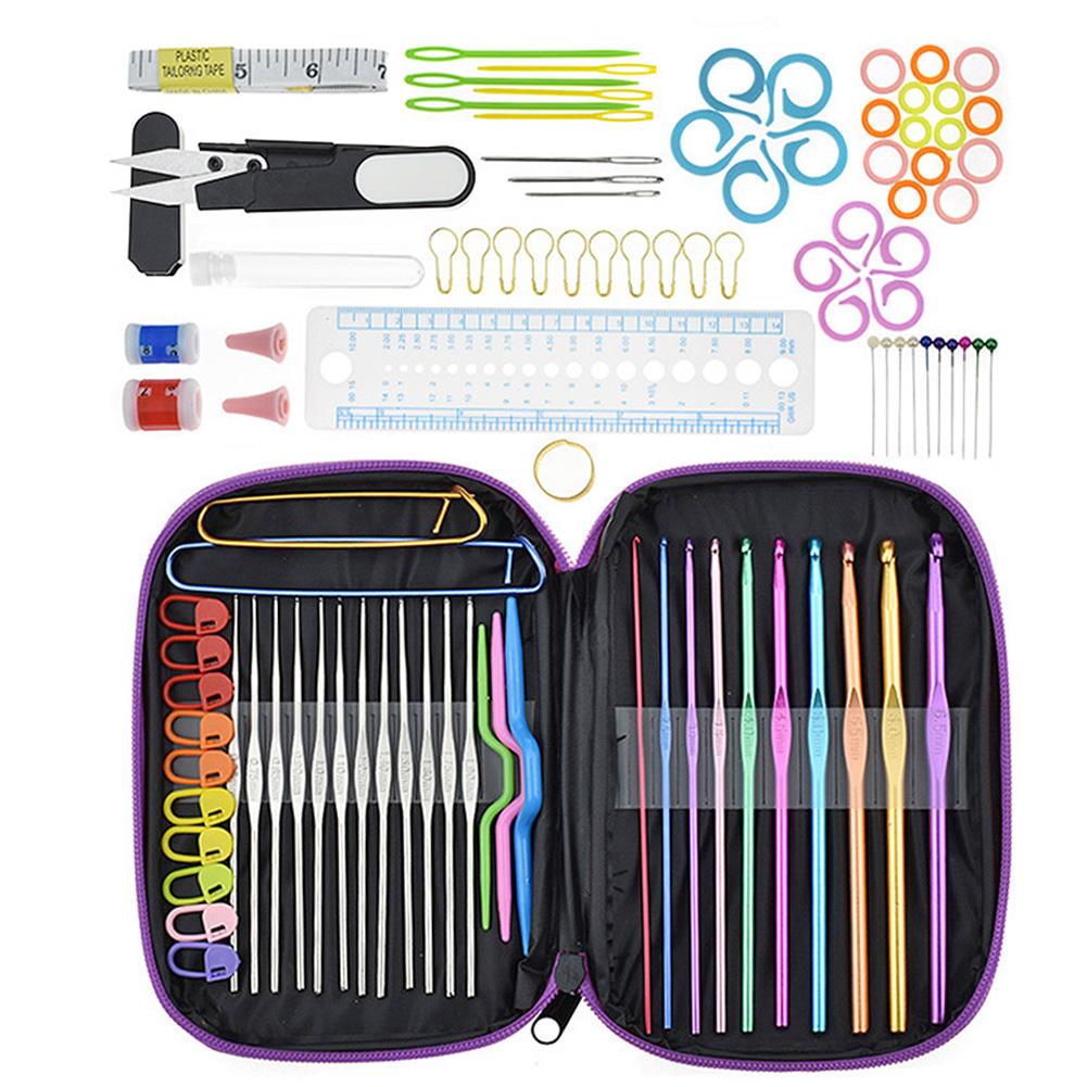 100pcs Crochet Hook Set With Yarn Knitting Needles Sewing Tools Set Stitch Holder Hook Weaving Tools Sewing Tools: Purple