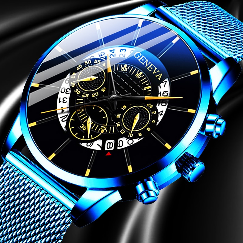 Mode Heren Business Casual Datum Kalender Horloges Luxe Blauw Roestvrijstalen Gaas Riem Quartz Horloge Voor Man Klok