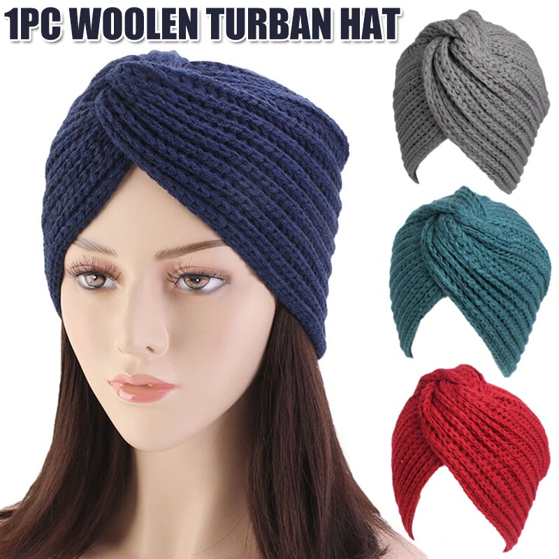 Women Turban Knot Headwrap Winter Woolen Turban Hat Cross Twisted Cap National Costume Hat EDF88