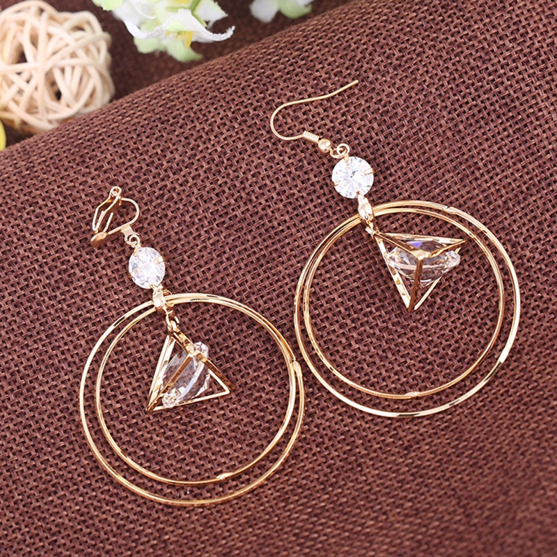 JIOFREE Simple Style Gold Color Zircon Clip on Earrings for Women Round Geometric Earrings Female Jewelry