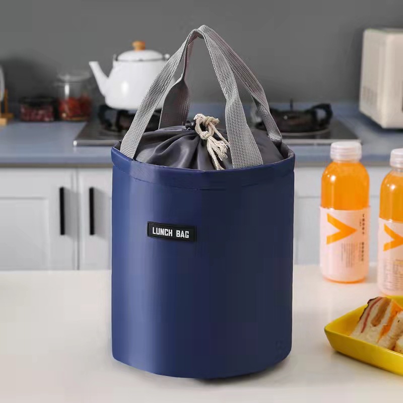 Large Capacity Portable Lunch Bag Fresh-keeping Cylindrical Insulated Lunch Box Round Aluminum Foil Food Thermal Cooler Tote: Blue