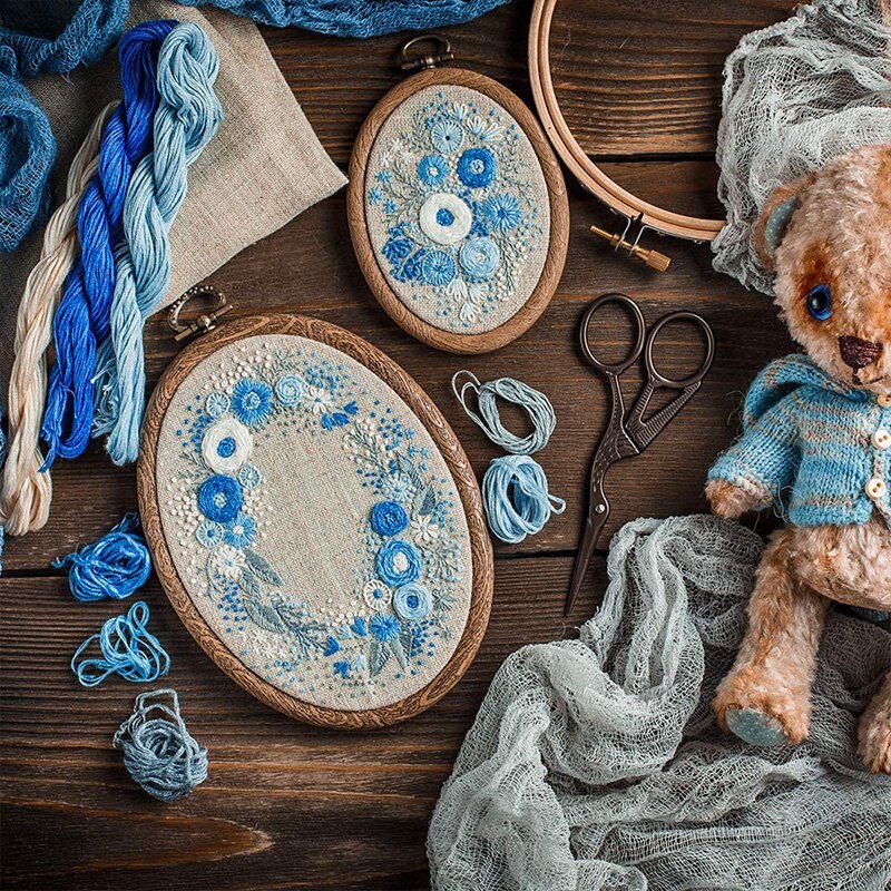 4 stykker broderiramme ring plast korssting bøjle sæt efterlignet træ display ramme cirkel og ovalt broderi kit