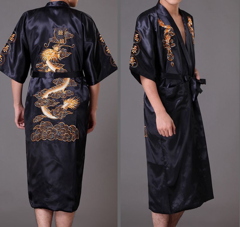 Chinese stijl gewaad klassieke borduur draak kimono man homewear lange badjas satijnen nachtjapon losse nachtkleding loungewear