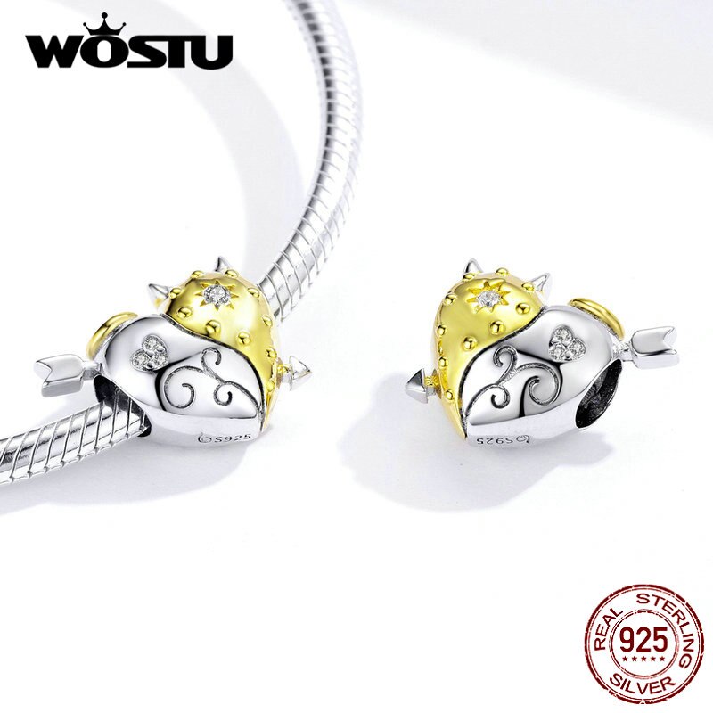 WOSTU Real 925 Sterling Silver Angel & Devil Beads Heart Gold Charms Pendant Fit Original Bracelet Bangles Jewelry Making CTC107