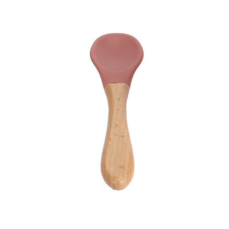2PCS Baby Bamboo Training Spoons Organic Soft Baby Feeding Silicone Tip Spoon Scoop Easy Grip Handle Toddlers Infant: rose