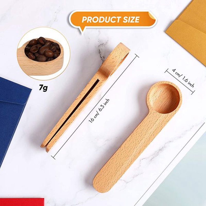 Cuillère à café en bois 2 en 1, 5 pièces, cuillère à mesurer avec pince à sachet, scelleuse cuillère à mesurer pour haricots, expresso café, thé
