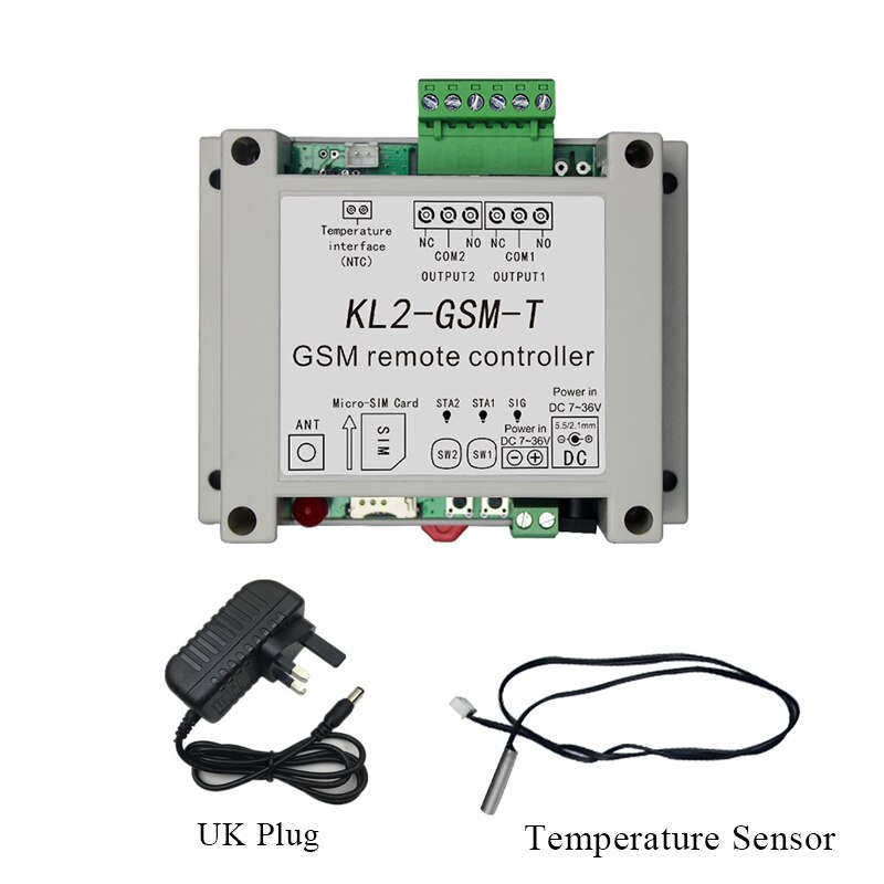 Gsm fjernbetjening relæ controller switch adgang controller med 2 relæ output en ntc temperaturføler: Uk-stik
