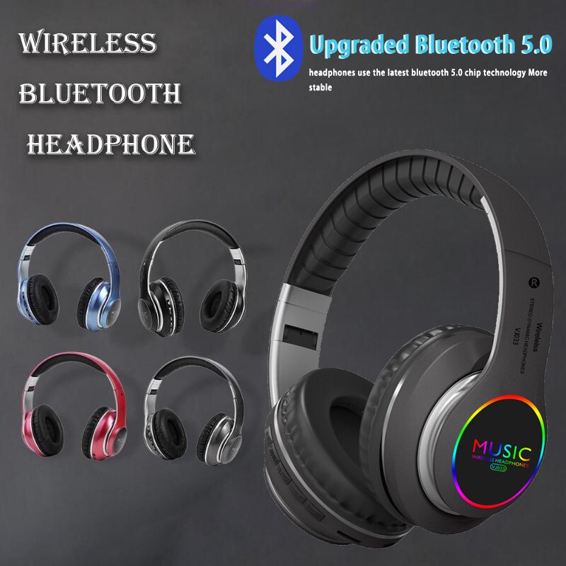 Bluetooth 5.0 Headphones - Over-Ear Wireless with LED Light & Mic - Noise Cancelling for Sport, Gaming