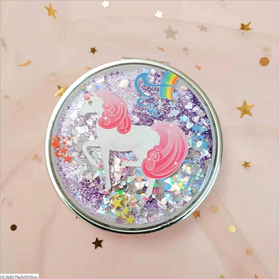 Unicorn Makeup Mirror Compact Pocket Portable Double-Sided Folding Cosmetic Mirror With flowing sparkling sand T0243: Purple 