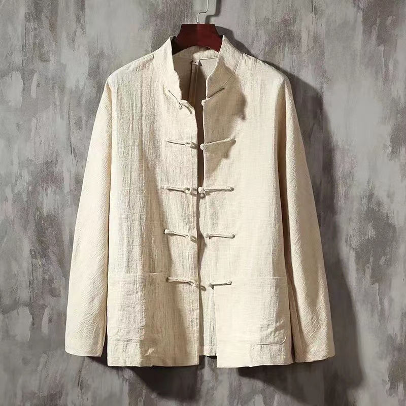 XXXXXL-Blusa holgada de algodón y lino para hombre, camisa de manga larga sin cuello, con botones de rana, talla grande, M-5XL de gran tamaño