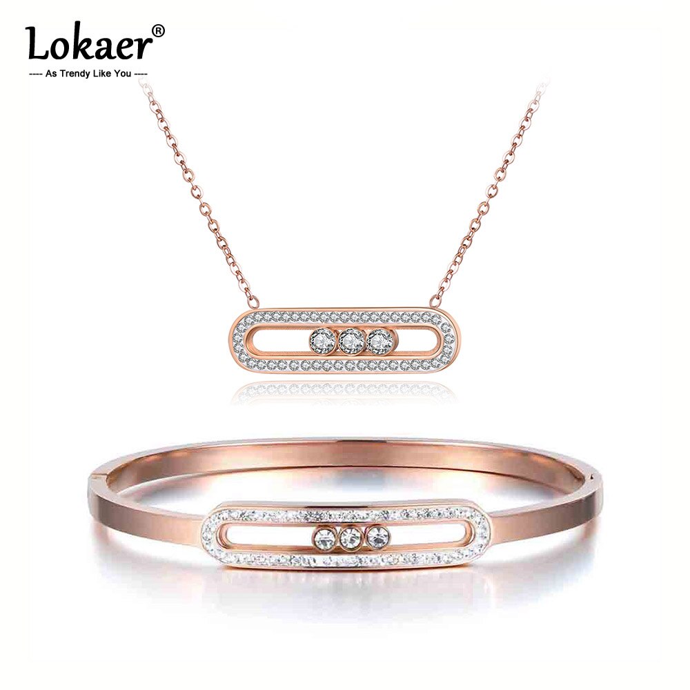 Lokaer arcilla blanca CZ cristal collar brazalete establece titanio acero rosa oro Color compromiso joyería para las mujeres SE021