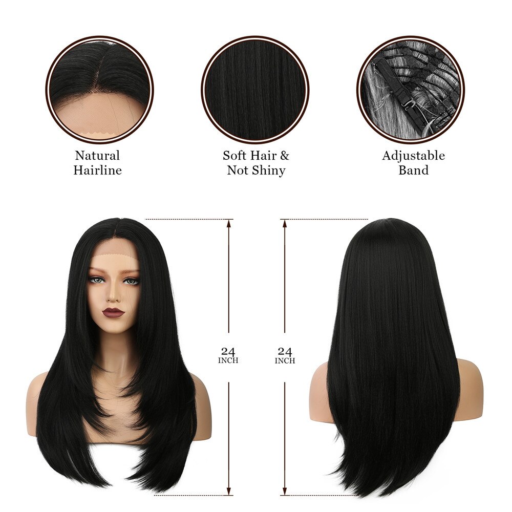 Perruque Lace Front Wig synthétique lisse noire, cheveux naturels, 24 pouces, perruque lace Wig pour femmes