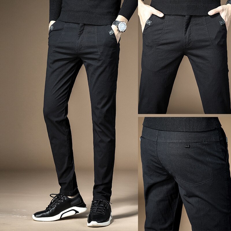 men's casual pants fitness cotton blends long trousers plus size winter elastic dark grey young leisure slacks