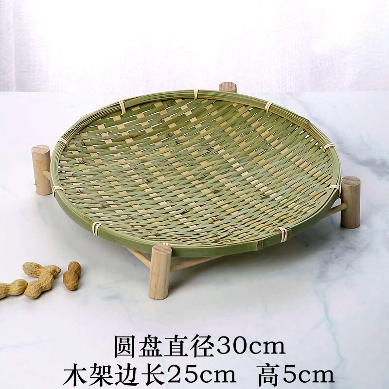 Handmade bamboo small bamboo basket snacks fruit basket fruit bowl shelf small round wooden shelf snack tray WF1025158: L 30CM