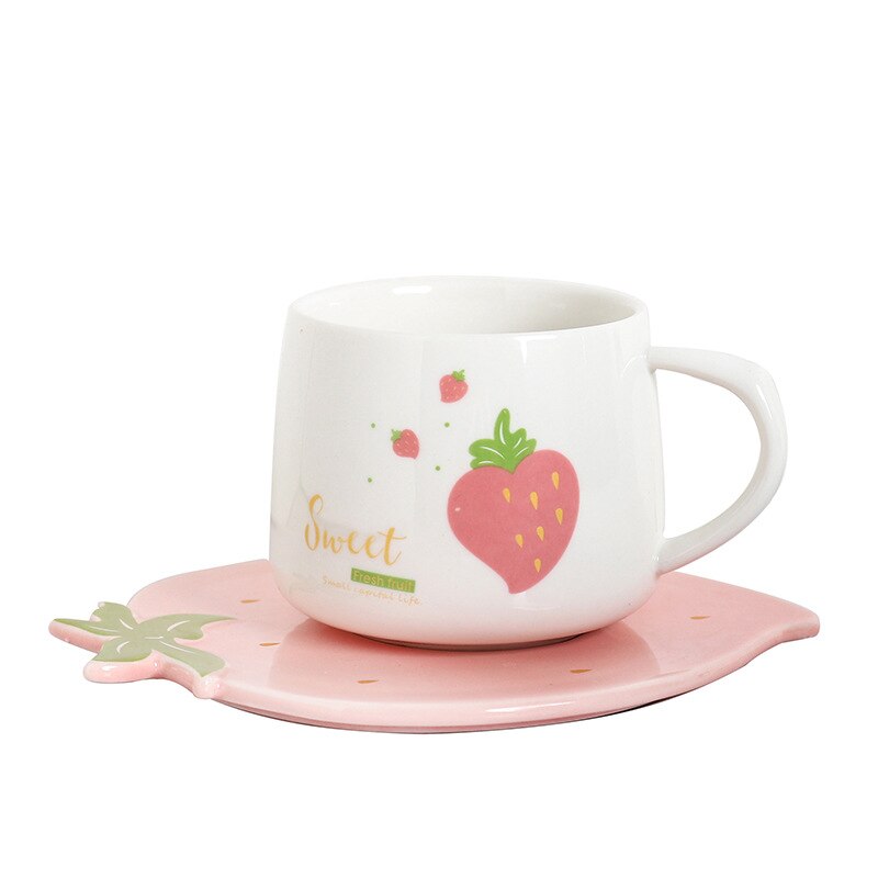 Juego de tazas y platillos con de fresa, Set de café con zumo de Taza de leche encantador, para niños de 250ml, para niñas