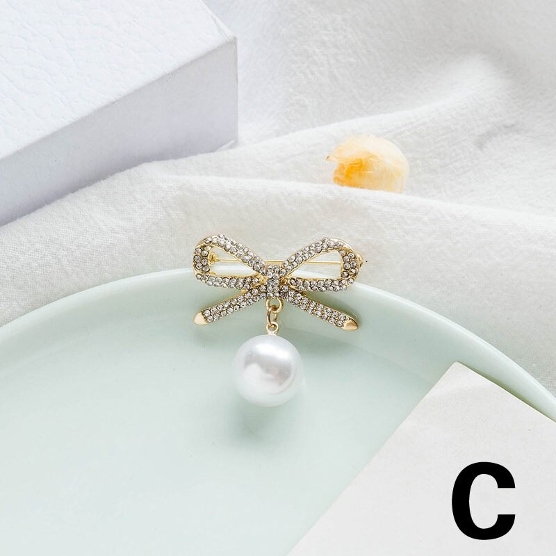 Simple Bow Brooches for Women Bowknot Brooch Pin Pearl Pendant Safety Lapel Pins Brooch Wedding Jewelry Accessories: C