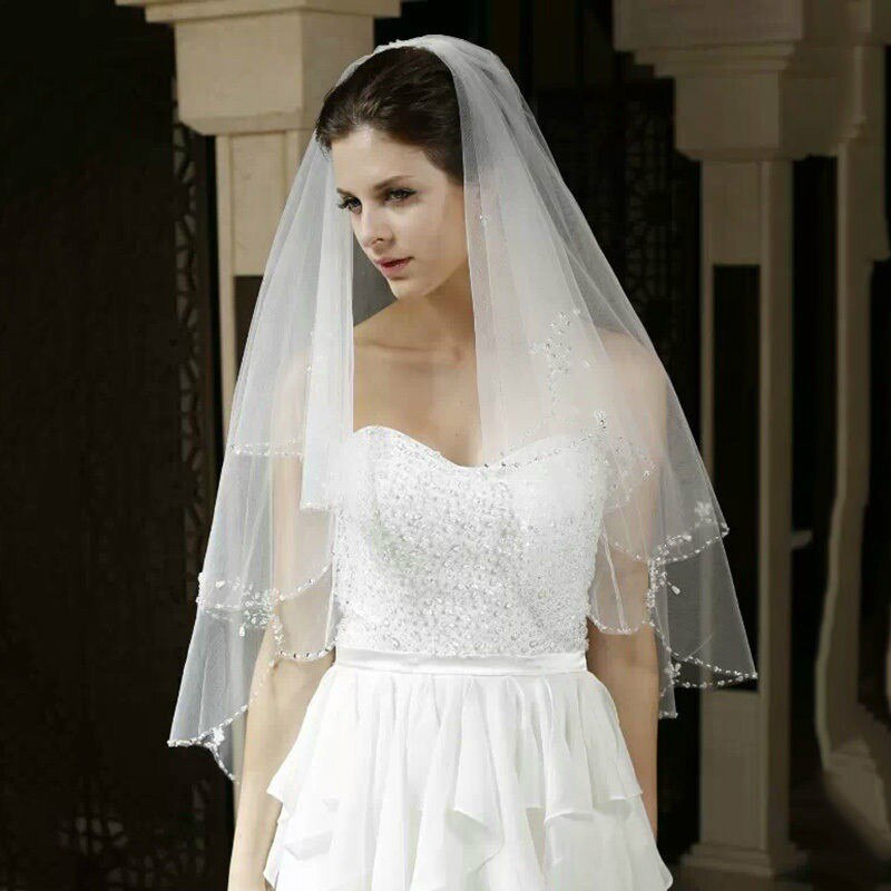 White Or Ivory Short Wedding Veil With Crystal Edge With Comb 2 Beaded   14518464 