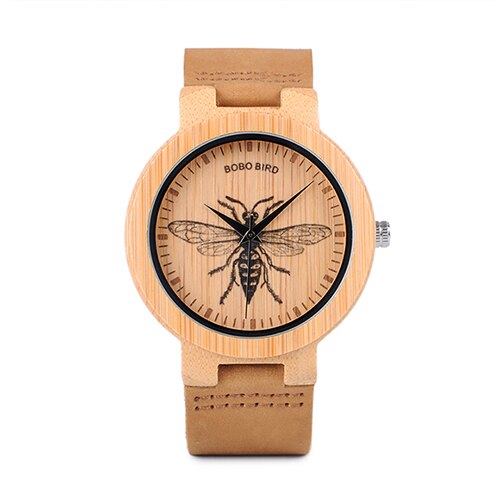 BOBO BIRD Watch Men Wooden Lifelike Print Dial Face Quartz Watches 3D Visual Timepieces as relogio masculino: Insect