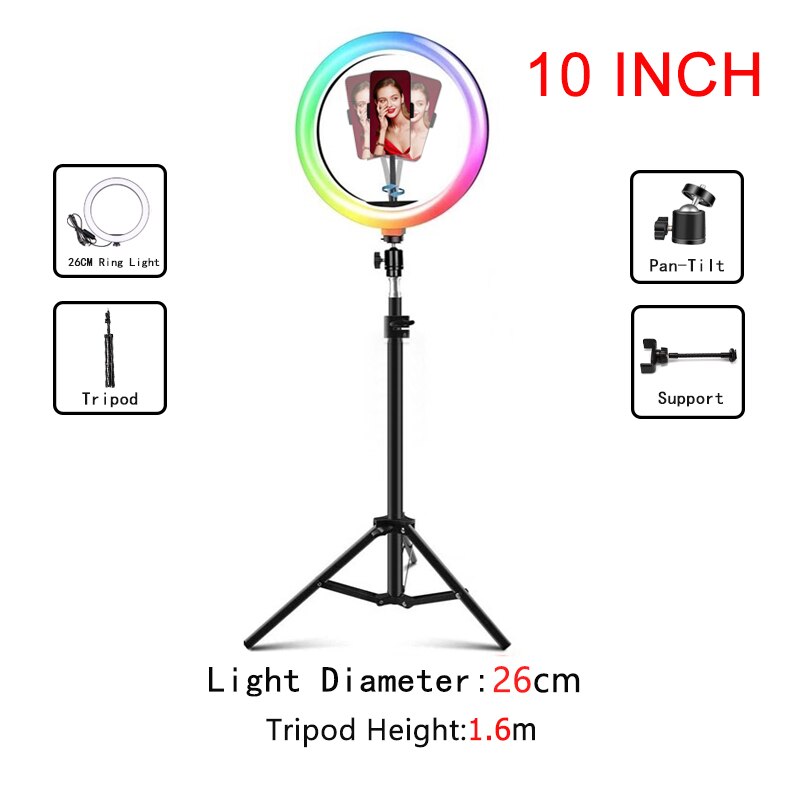 8 Inch /10 Inch Dimmable RGB LED Selfie Ring Fill Light Photo Ring Lamp with Tripod Two Adjustable for Makeup Video Live: Sky Blue