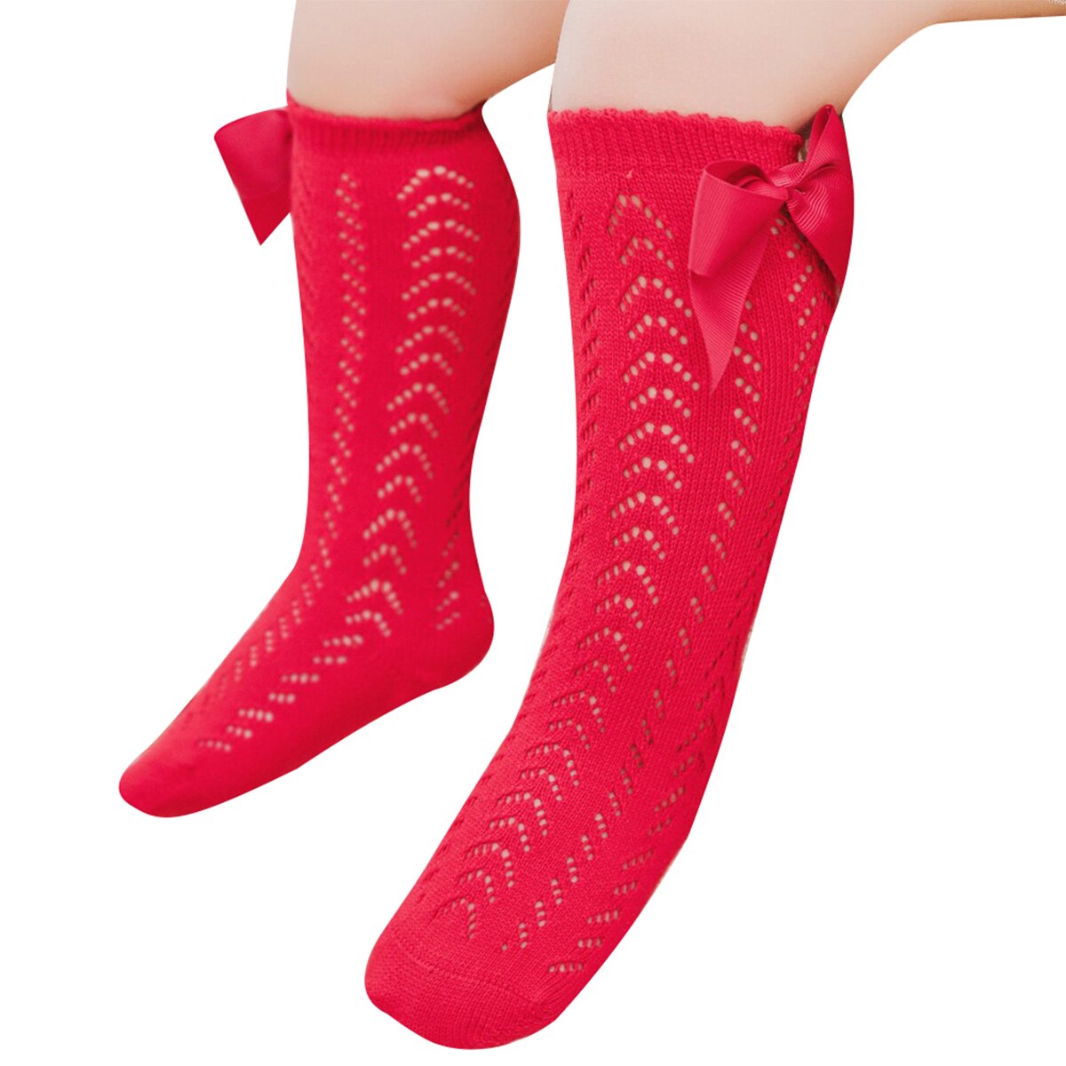 1 Paar Baby Baby Meisjes Solid Cotton Mesh Been Warmer Sokken Boog Knoop Leuke Soft Knie Hoge Baby Peuter Kinderen meisje Sokken 0-3Y: Rood / 12m