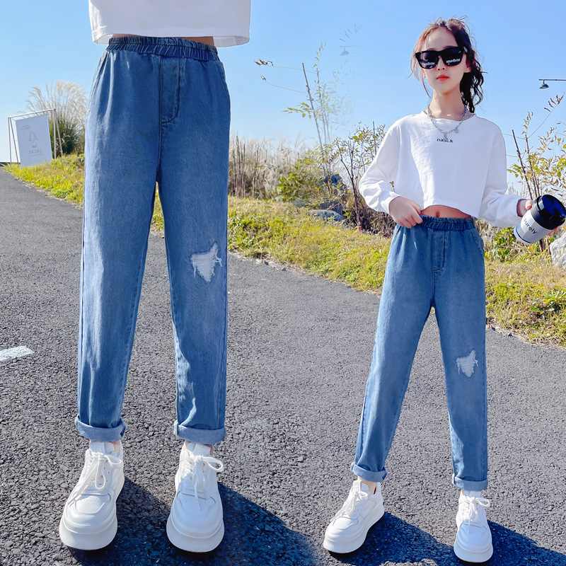 Jean déchiré pour fille de 6, 8, 10, 12, 14 ans, printemps-automne, joli pantalon avec poche en forme de cœur pour enfant et adolescent